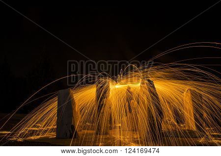 burning steel wool long exposed to light and spark lines