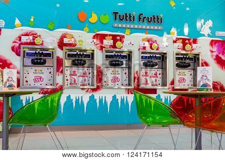 SAMARA RUSSIA - DECEMBER 20 2015: Tutti Frutti Frozen Yogurt branch in a shopping center. Tutti Frutti Frozen Yogurt is an international retail brand of self-serve frozen yogurt