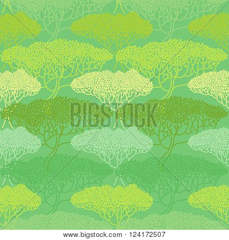 Stylized abstract green tree illustration. Wallpaper seamless pattern. Tree texture. Forest pattern. Forest landscape pattern background. Green trees pattern.