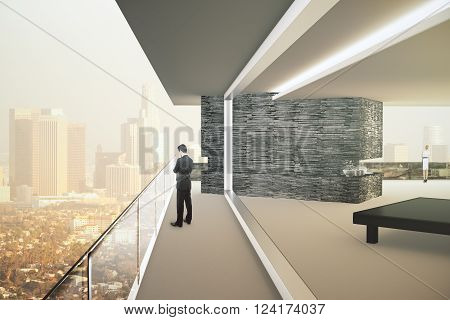 Interior design with businesspeople and panoramic city view with sunlight. 3D Render