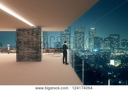 Office interior design with businesspeople and panoramic night city view. 3D Render