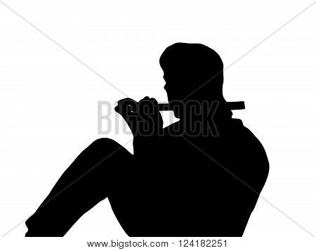 The silhouette of a seated man playing a flute