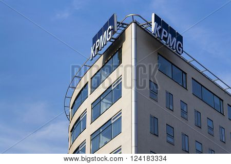 PRAGUE, CZECH REPUBLIC - MARCH 31: Professional service company KPMG logo on the building of the Czech headquarters on March 31, 2016 in Prague, Czech republic.