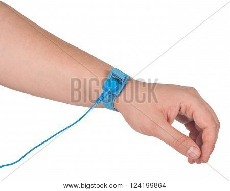 Antistatic wrist strap on man hand isolated on white background