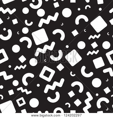 Seamless primitive patterns of minimalism, the era  80's - 90's years memphis design style. Randomly scattered geometric shapes