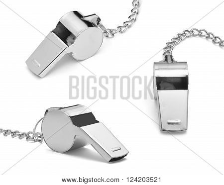 Set of metal whistle isolated on white