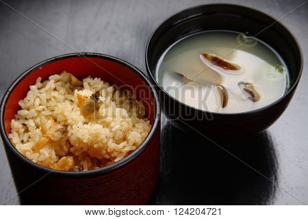 close up shot of boiled rice and miso soup