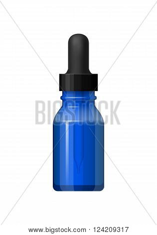 Isolated medicine blue glass bottle on white background. Empty medicine bottle with pipette for drops. Pharmaceutic container. Vector medicine bottle