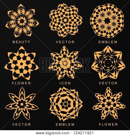 Set of abstract flowers. Gold icons. Design for Spa salons cosmetic stores eco and natural products. Logo for your business. Vector illustration.