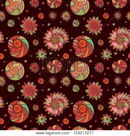 Brown decorative seamless background pattern with contour drawing of shells. Textile asea background. Vector illustration
