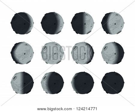 The whole cycle of moon phases from new moon to full isolated on white