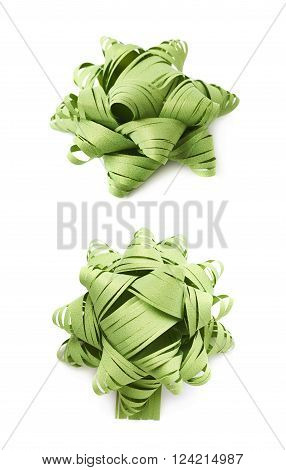 Decorational green ribbon gift bow isolated over the white background, set collection of two diffirent foreshortenings