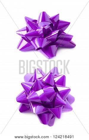 Decorational ribbon gift bow isolated over the white background, set collection of two diffirent foreshortenings