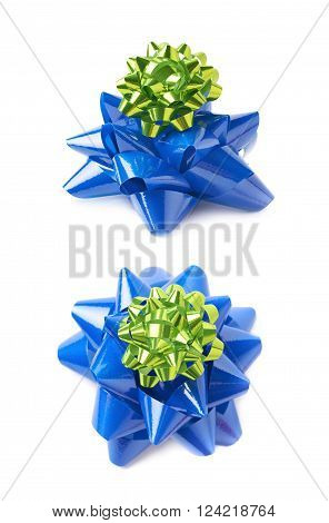 Decorational ribbon gift bow isolated over the white background, set collection of two diffirent foreshortenings