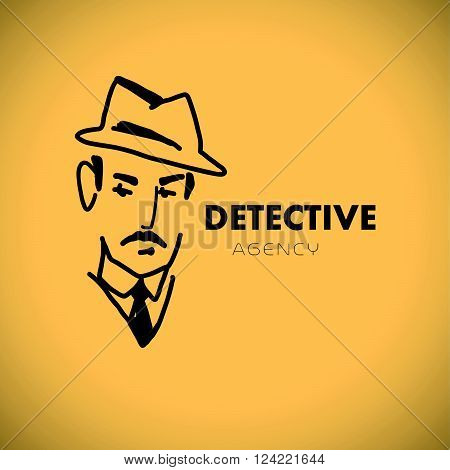 Flat detective agency logo design. Hand drawn artistic stylish man in hat portrait. Detective bureau insignia. Business card, leaflet flyer. Poster, banner, placard. Article, story, book illustration.