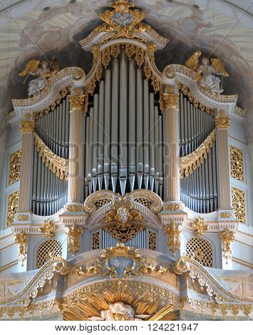 DRESDEN GERMANY - CIRCA MARCH 2016: pipe organ replica in the Fraukirche (Saint Mary church) the original Silbermann organ being destroyed in 1945