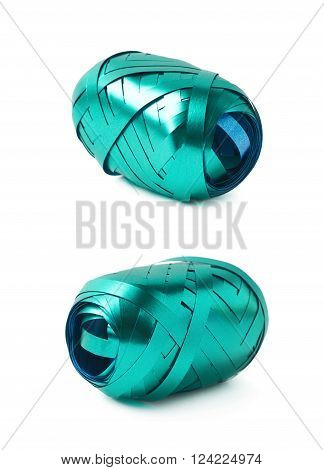 Glossy green ribbon reel isolated over the white background, set collection of two diffirent foreshortenings