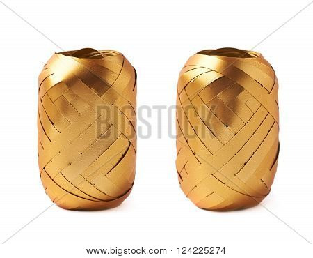 Glossy golden ribbon reel isolated over the white background, set collection of two diffirent foreshortenings
