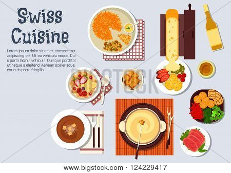 Traditional swiss cheese and chocolate fondue, served with croutons and fresh vegetables, melted cheese raclette with potatoes and sausages, potato fritter rosti and cured lamb, bircher muesli with fresh fruits and wine bottle