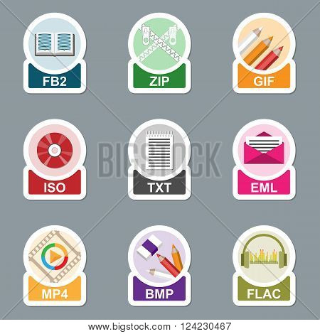 Set of file type icons. Pictograms of media extensions