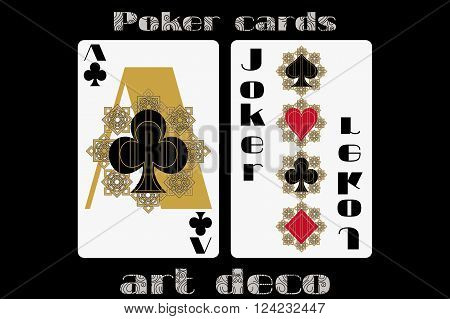 Poker Playing Card. Ace Clubs. Joker. Poker Cards In The Art Deco Style. Standard Size Card.