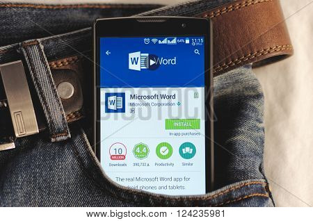 SARANSK, RUSSIA - April 3, 2016: Photo of Smartphone in a jeans pocket with Microsoft Word application in a Google Play Store on the screen.