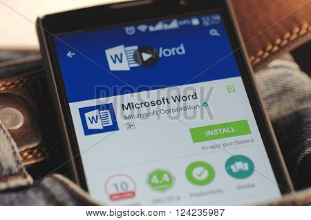 SARANSK, RUSSIA - April 3, 2016: Photo of Smartphone in a jeans pocket with Microsoft Word application in a Google Play Store on the screen.