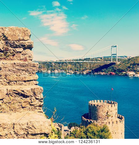 stairs in the fortress walls, Rumelihisari fortress on a background of blue sky in Istanbul, Turkey