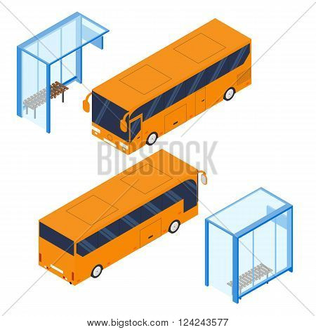 Isometric tourist bus and blue bus stop. Realistic bus in a flat style. The front and back. Urban transport for passengers. Transport of people and things. Vector illustration.