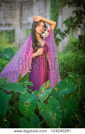 Portrait Of Asia Women With Mask On Nature