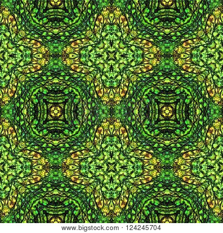 Abstract seamless reptile pattern with gold, black and green scalloped reptile texture