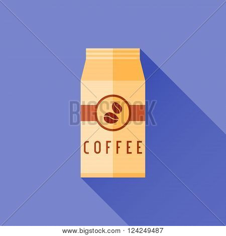 Coffee packaging flat icon with long shadow. Package bag of coffee beans.