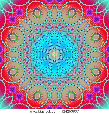 Abstract geometric seamless background. Ornate concentric circle ornament multicolored with various ellipses and floral elements, conspicuous and dreamy.