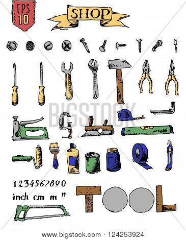 Tools set. Colorful hand drawn vector stock illustration