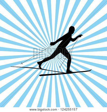 Black silhouette of man skiing on white-blue background