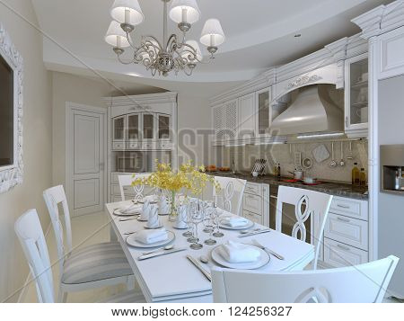 Luxury kitchen interior, served dining table. 3d render