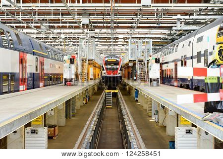 Winterthur, Switzerland - June 13 2015: Swiss double-decker trains in the service depot