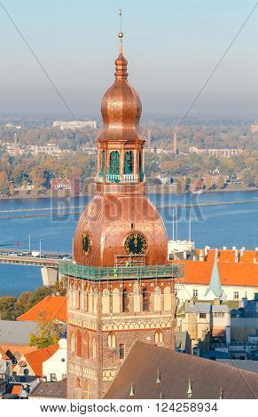 View of the city center and the Dome Cathedral from the height of the observation platform of the church of St. Peter.