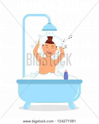 Boy taking a bath with soap bubbles. Concept design of a singing male taking a bath. Isolated vector illustration in a flat style.