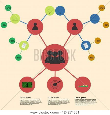Business team infographic template. Business team infographics template. Connections infographic rounded infographics circles infographic representing business team organization or sales people in flat style colors.