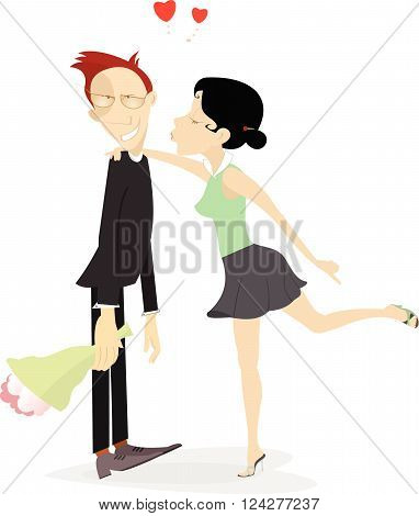 Love couple. Pretty young girl kisses the confused boyfriend
