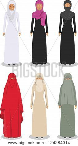Detailed illustration of different standing arab women in the traditional national muslim arabic clothing isolated on white background in flat style.
