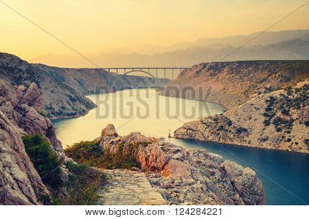 Maslenica Strait and beautiful sunset Croatia, vintage look
