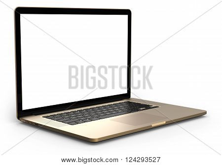 Gold laptop with blank screen isolated on white background. Whole in focus.