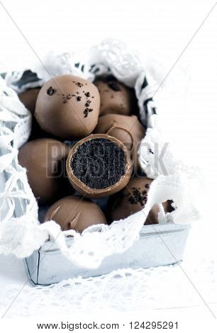 Luxury handmade chocolate bonbon with oreo biscuits