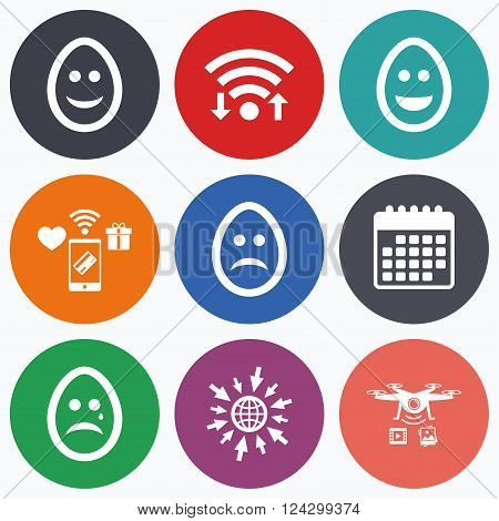 Wifi, mobile payments and drones icons. Eggs happy and sad faces icons. Crying smiley with tear symbols. Tradition Easter Pasch signs. Calendar symbol.