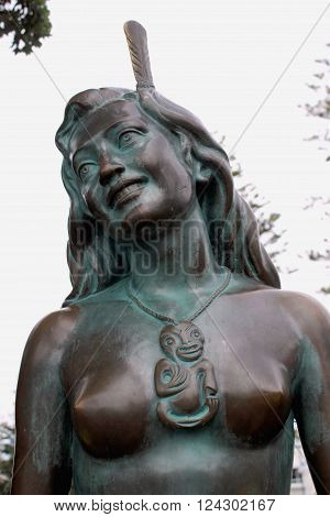 Napier, New Zealand - March 6, 2015: Pania of the Reef Bronze Statue located along Marine Parade.