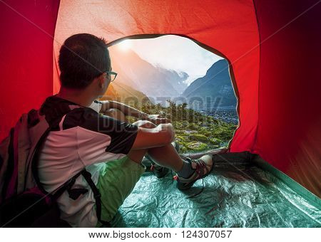 Camping Man In Camper Tent Looking To Beautiful Natural Water Falls Scenic Use For People Vacation T