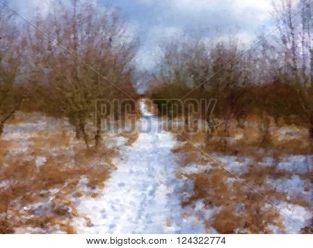 Winter path with snow and trees, dry brush watercolor painting