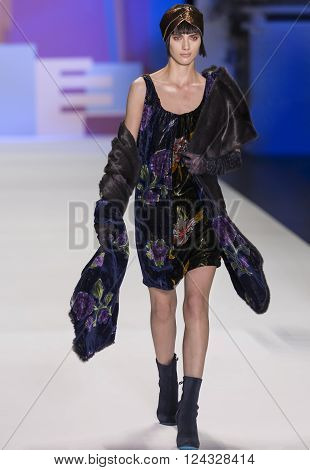 New York City USA - February 11 2016: Agnes Sokolowska walks the runway during the Desigual Women's show as a part of Fall 2016 New York Fashion Week
